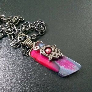 Hamsa Hand: Blessings + Protection! Unique Black Gray & Rich Pink Agate Necklace